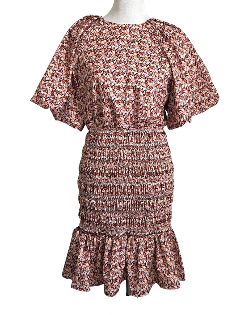 Beulah Womens Printed Smocked Puff Sleeve Dress Sz Medium Brown Back Cutout